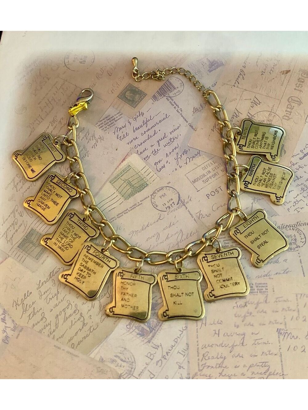 Vintage Gold Tone Ten Commandments Religious Scroll Charm Bracelet